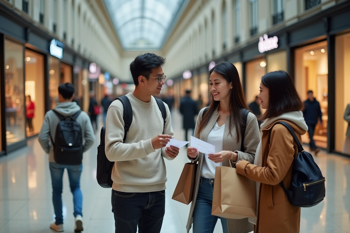 Touristes consultant leurs reçus de détaxe près d'un kiosque de remboursement dans une galerie commerciale des Champs-Élysées