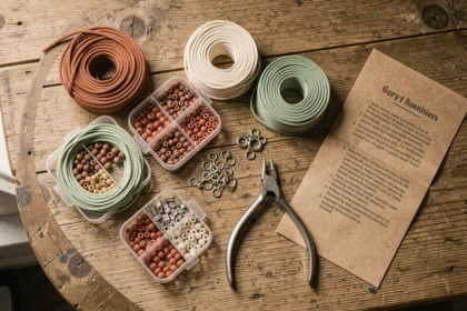 Kit de fabrication de bracelets complet étalé en flat lay sur une table en chêne, avec fils cirés, perles, fermoirs et outils