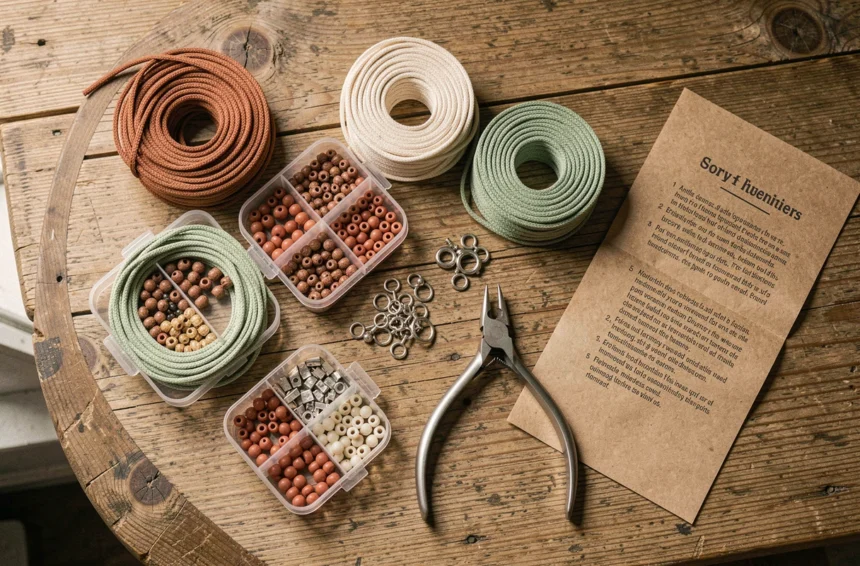 Kit de fabrication de bracelets complet étalé en flat lay sur une table en chêne, avec fils cirés, perles, fermoirs et outils
