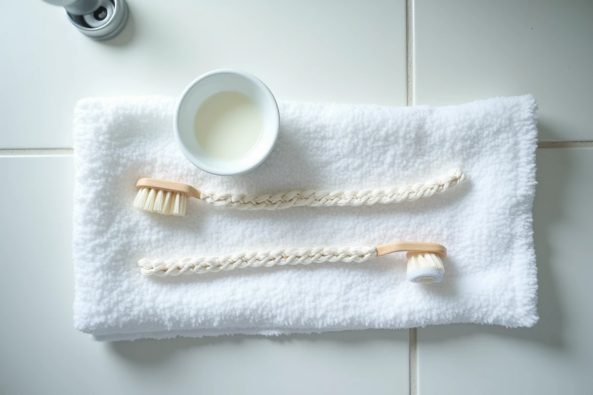Lacets de baskets posés à plat sur une serviette blanche avec une brosse et du détergent pour nettoyage manuel