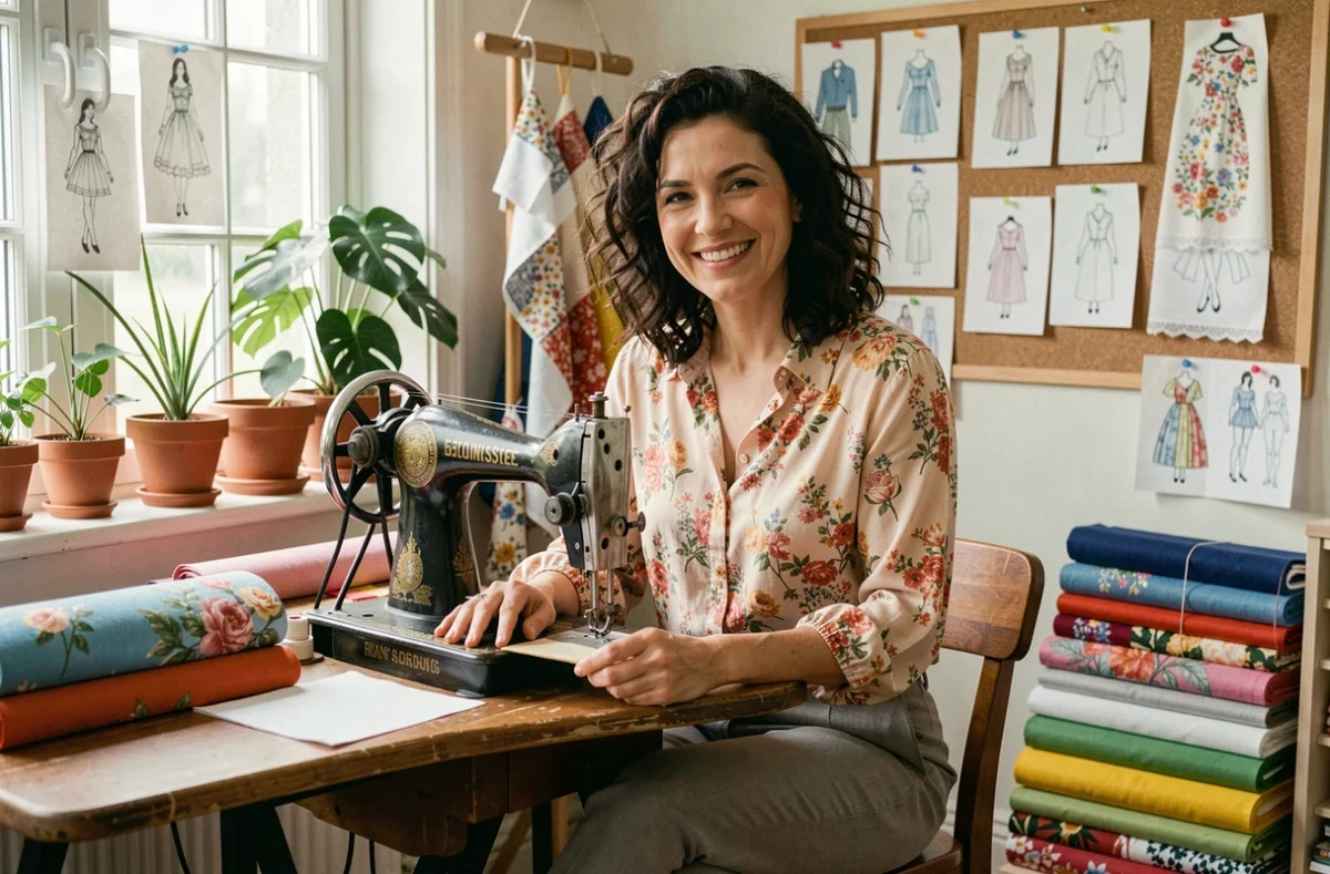 Créatrice de mode souriante travaillant sur une machine à coudre vintage dans son atelier créatif pour Les Créations de Ninie