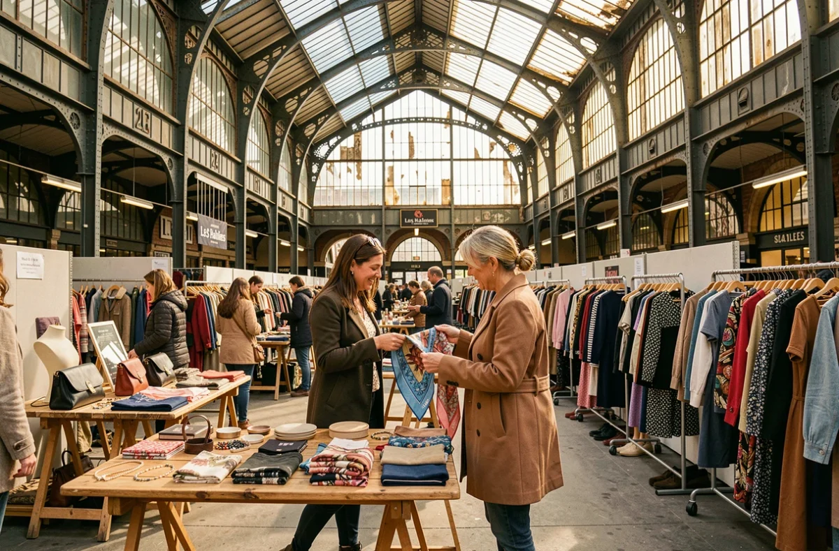 Les Halles d'Amiens avec ses corners mode femme animés sous la structure historique en fer et verre du marché couvert