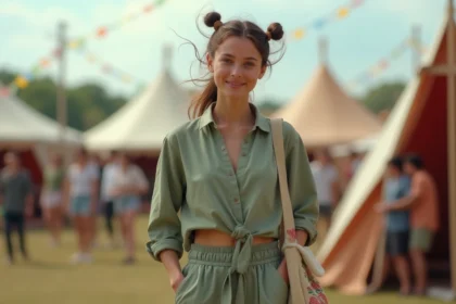 Jeune femme portant un ensemble lin vert sauge tendance festival 2026 avec pantalon large et blouse nouée