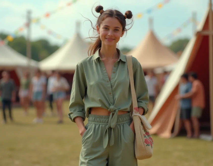 Jeune femme portant un ensemble lin vert sauge tendance festival 2026 avec pantalon large et blouse nouée