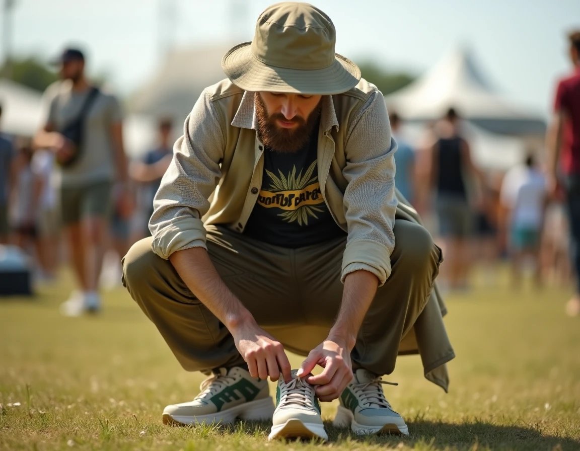 Homme en tenue décontractée cargo kaki et t-shirt graphique vintage accroupi dans un champ de festival 2026