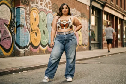 Femme grande taille en tenue Y2K avec jean taille basse évasé et top papillon, posant avec assurance dans une rue urbaine colorée