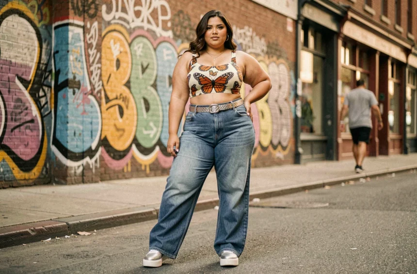 Femme grande taille en tenue Y2K avec jean taille basse évasé et top papillon, posant avec assurance dans une rue urbaine colorée
