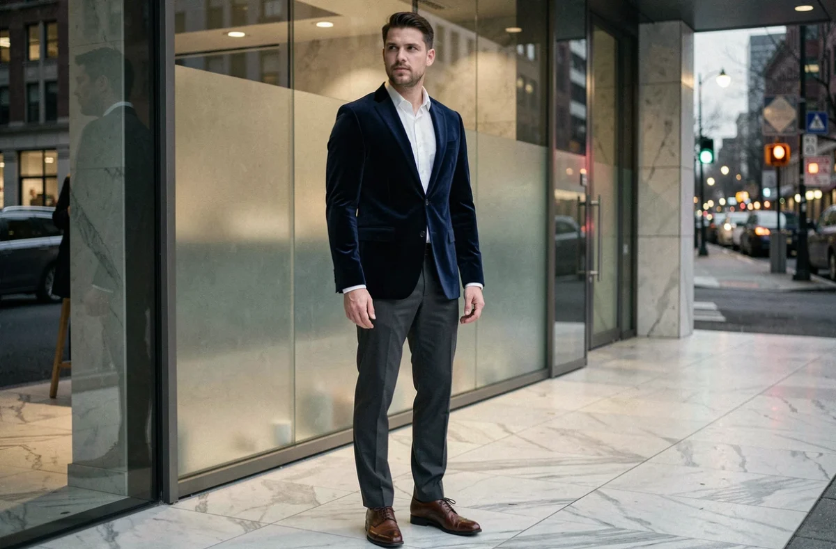 Homme en blazer velours marine et pantalon tailleur pour un look de soirée stylé Stylissima devant une salle événementielle contemporaine
