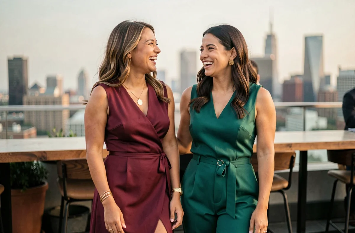 Deux femmes en tenue de soirée élégante bordeaux et vert émeraude sur un rooftop pour illustrer les looks de soirée stylés Stylissima