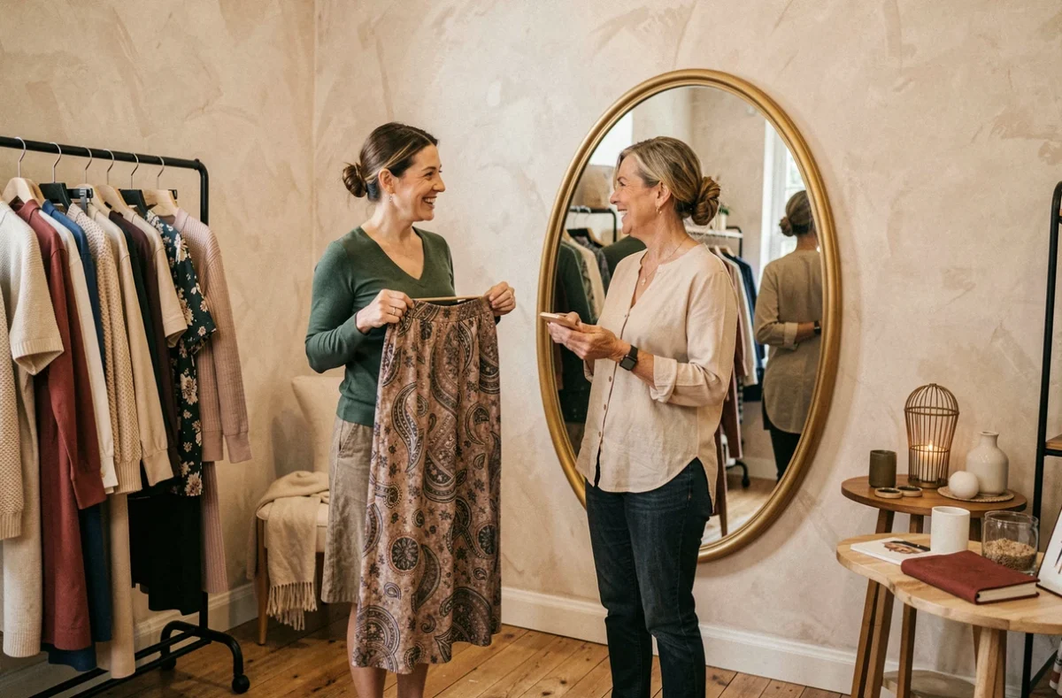 Séance de conseil personnalisé chez Madame a du Style à Tours, avec une styliste présentant une tenue à une cliente devant un miroir