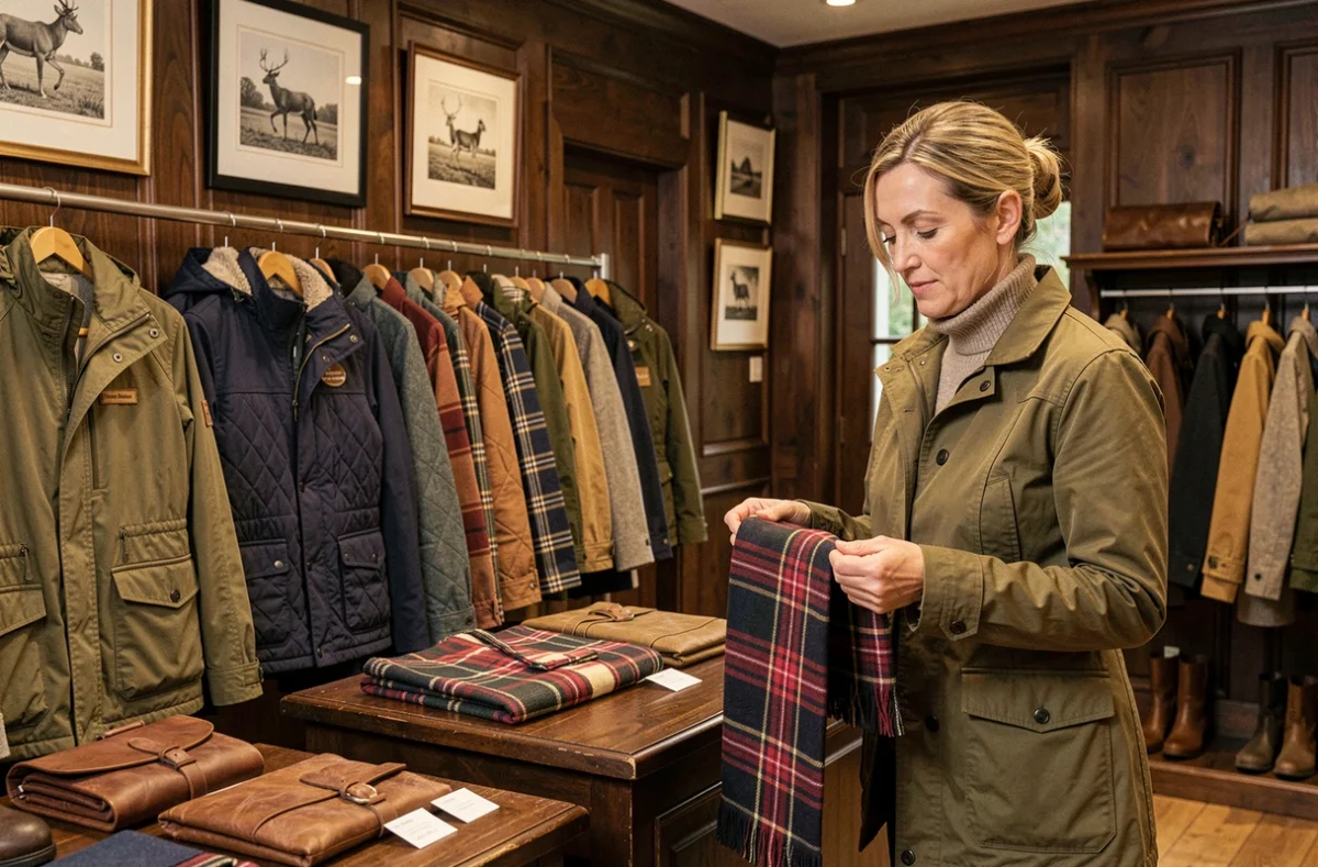Intérieur de Maison Barbour by La Billebaude à Tours avec des vestes cirées et des accessoires féminins outdoor dans un décor chic de tradition anglaise