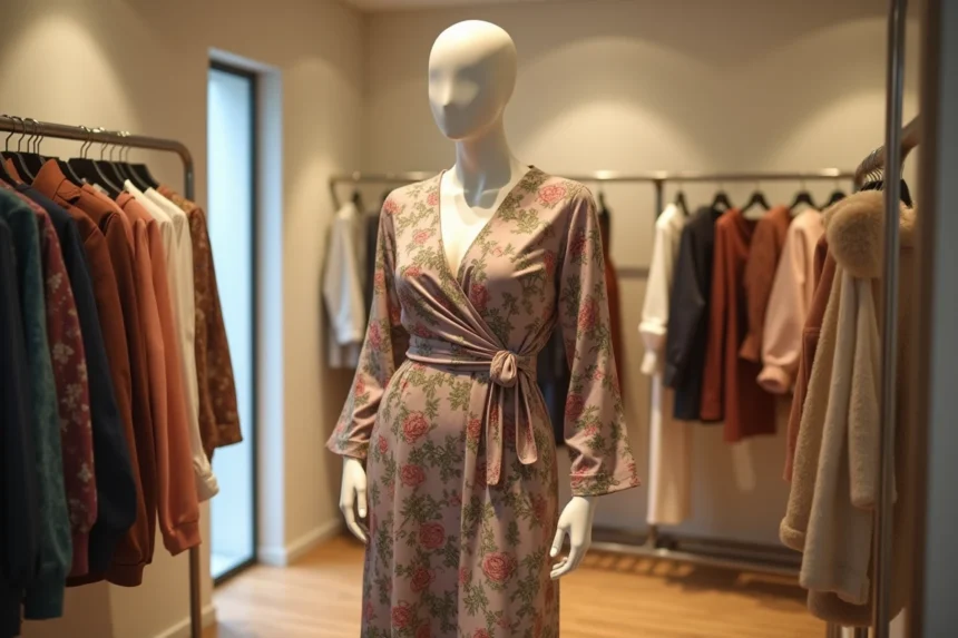 Mannequin grande taille en robe portefeuille florale dans une boutique de mode moderne, valorisant une silhouette épanouie