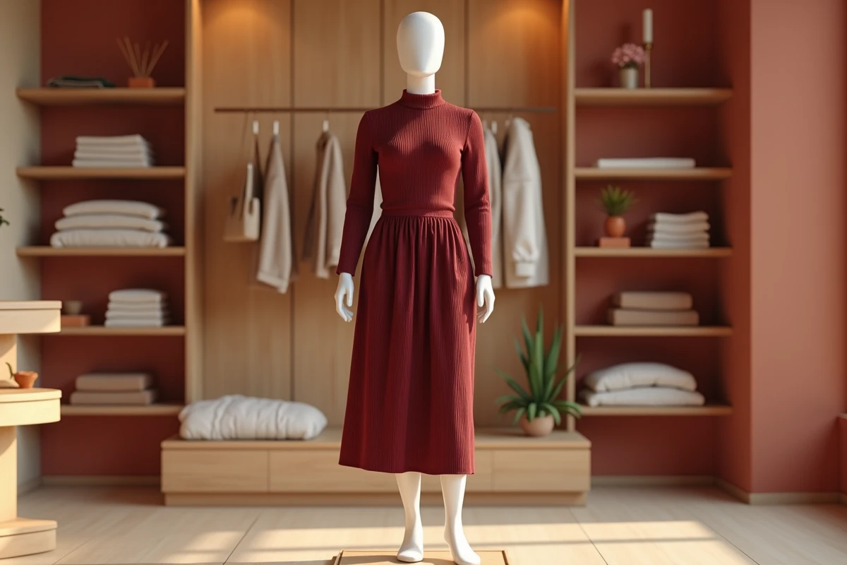 Mannequin vitrine grande taille habillé d'une jupe midi évasée et d'un pull col roulé structuré, mise en valeur de la silhouette en magasin