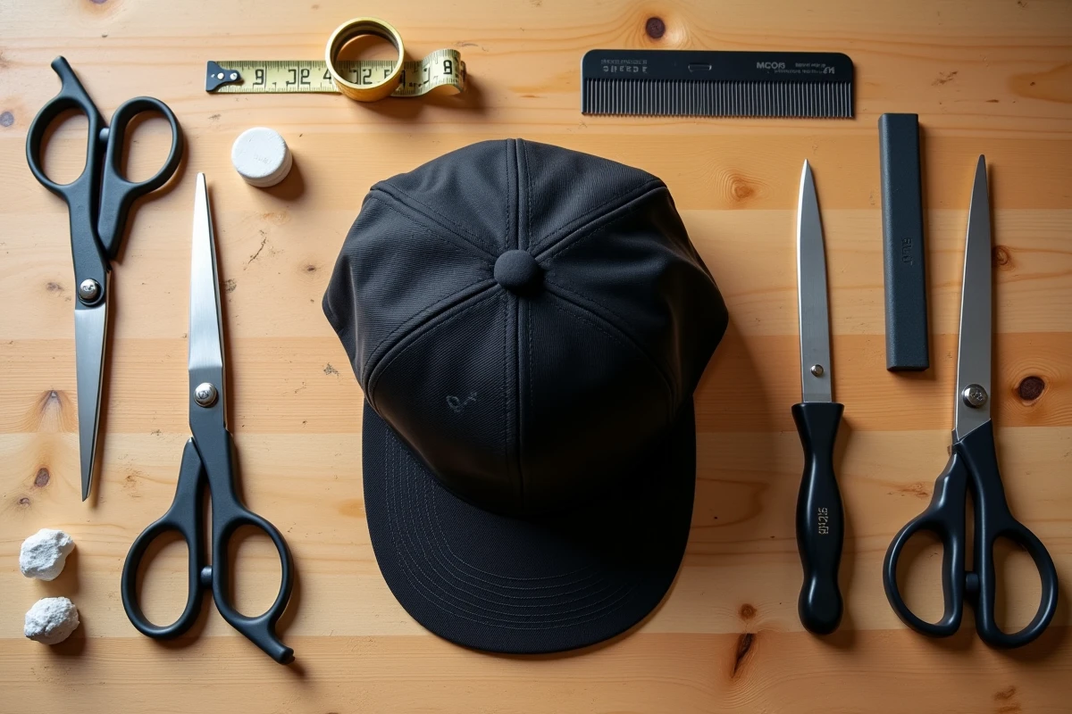 Matériel indispensable pour couper une casquette : ciseaux, découseur et mètre ruban sur établi en bois