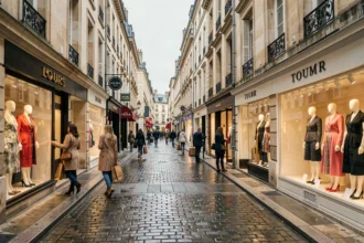 Rue commerçante animée de Tours avec des boutiques de prêt-à-porter féminin et des vitrines élégantes reflétant la mode locale