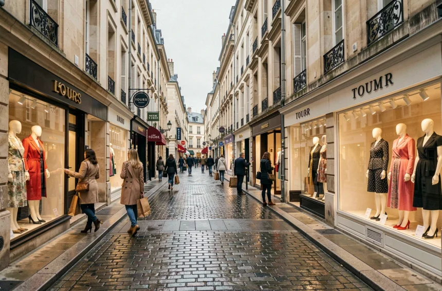 Rue commerçante animée de Tours avec des boutiques de prêt-à-porter féminin et des vitrines élégantes reflétant la mode locale
