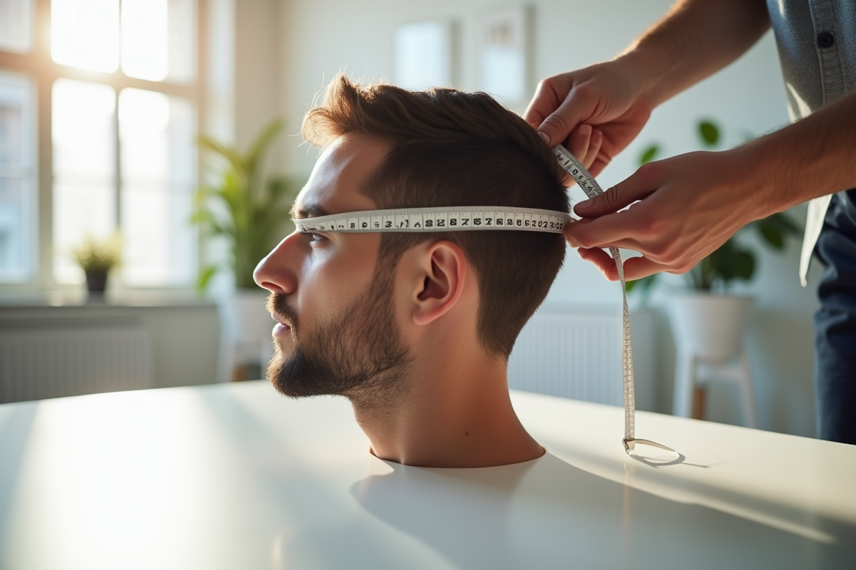Mains mesurant la tête d’un homme avec un ruban flexible