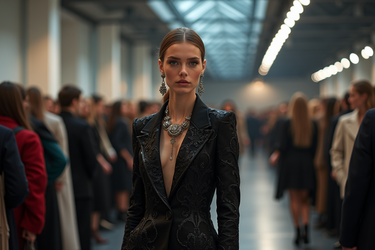 Mannequin élégante en backstage lors de la fashion week de Milan