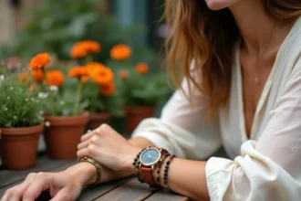 Montre double bracelet cuir style bohème portée par une femme avec bracelets superposés en terrasse