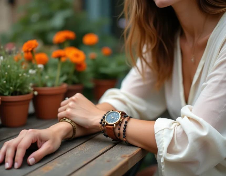 Montre double bracelet cuir style bohème portée par une femme avec bracelets superposés en terrasse
