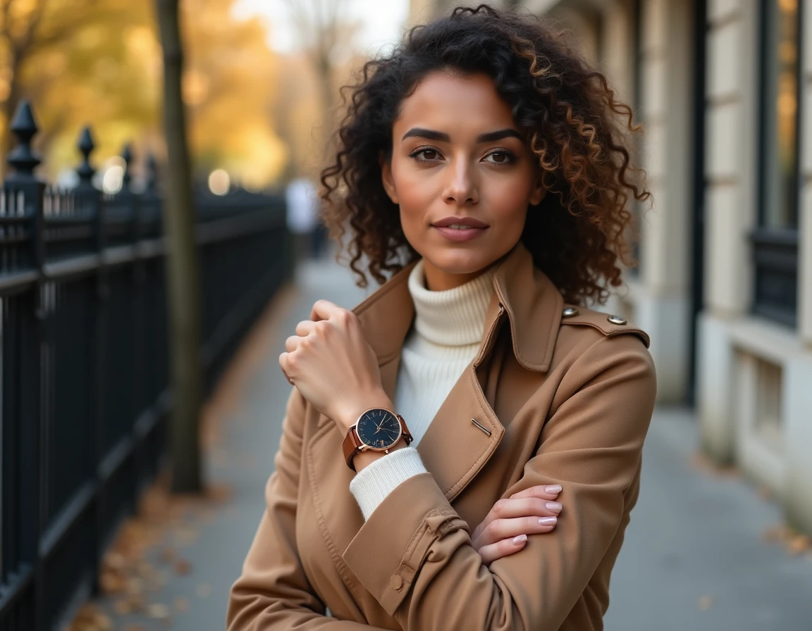 Femme élégante portant une montre double bracelet cuir cognac style chic en manteau camel en ville