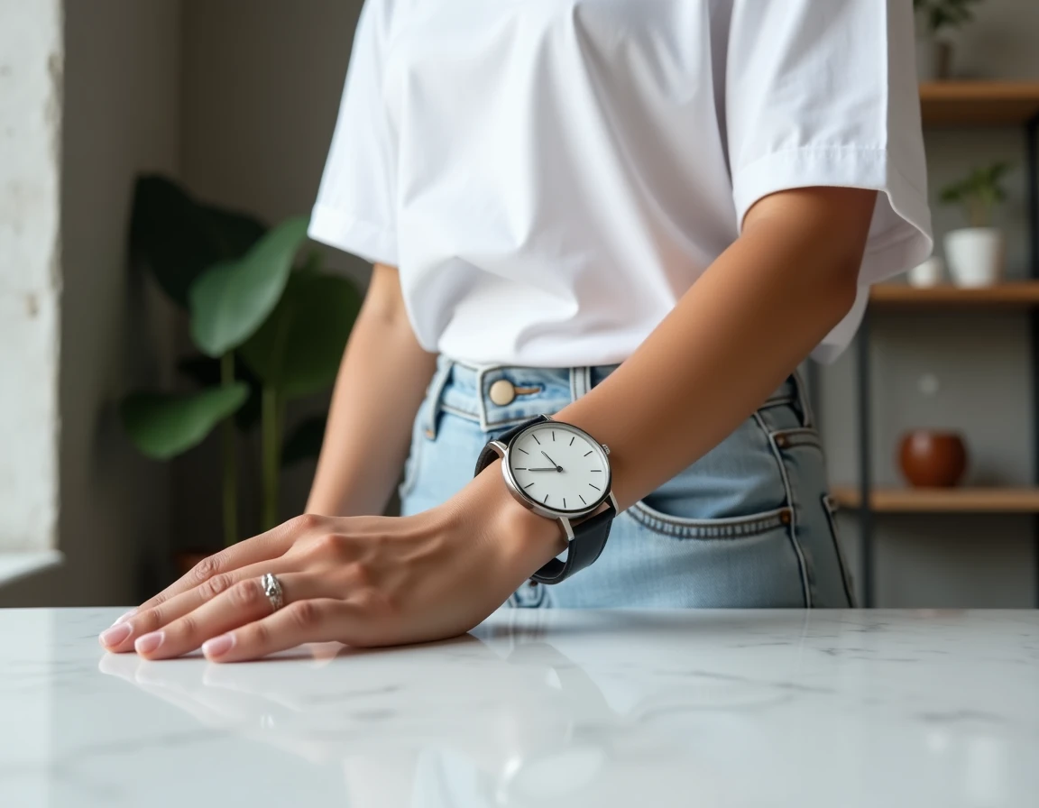 Montre double bracelet cuir noir minimaliste posée sur marbre blanc vue du dessus en intérieur loft