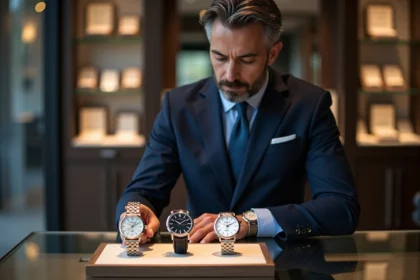 Homme en costume examine montre de luxe en boutique