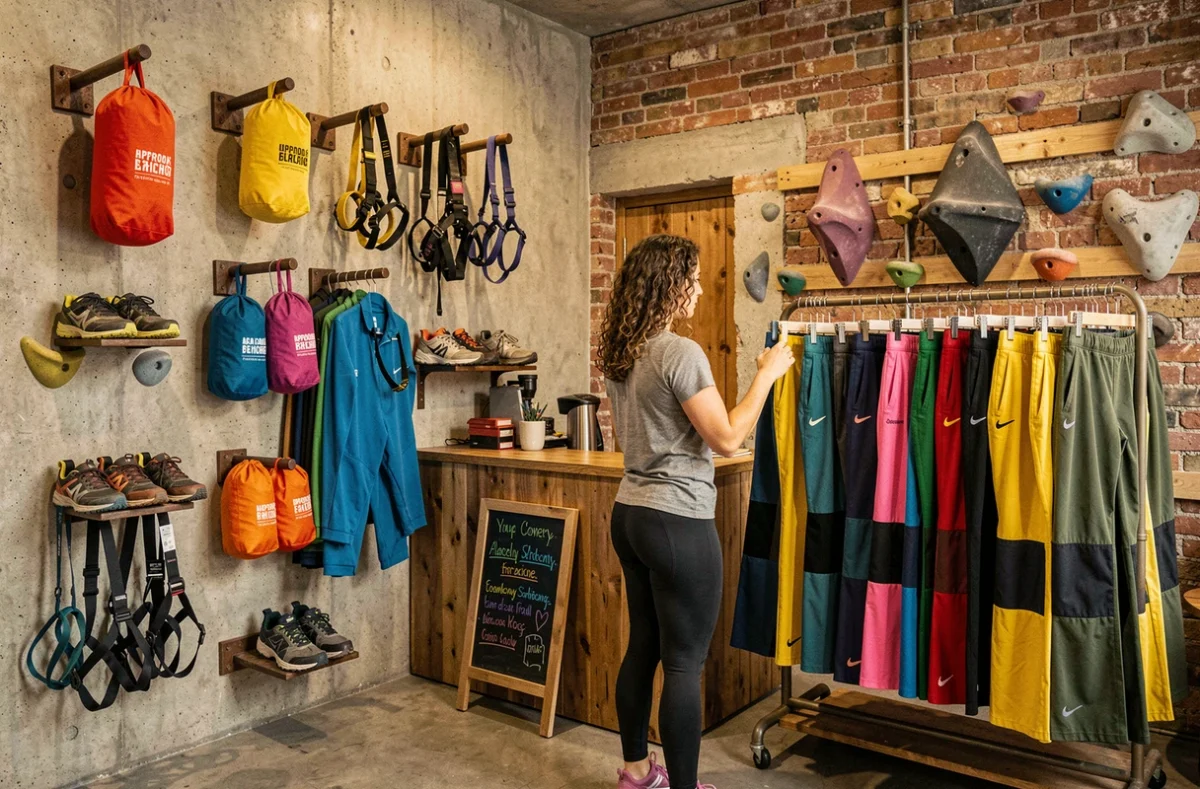 Boutique Neige et Caillou à Lyon avec matériel d'escalade et vêtements outdoor dans un décor industriel