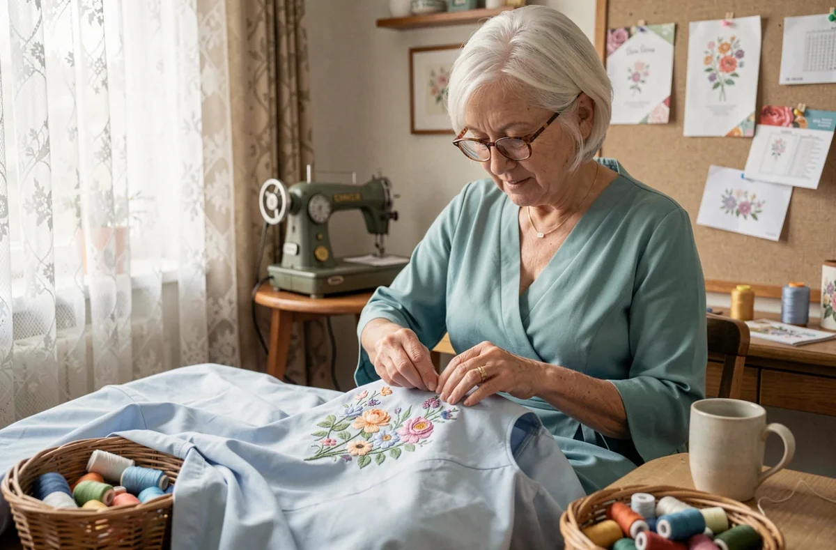 Couturière de Noëlle Couture brodant à la main un motif floral sur une robe bleue dans un atelier à domicile chaleureux avec machine à coudre vintage