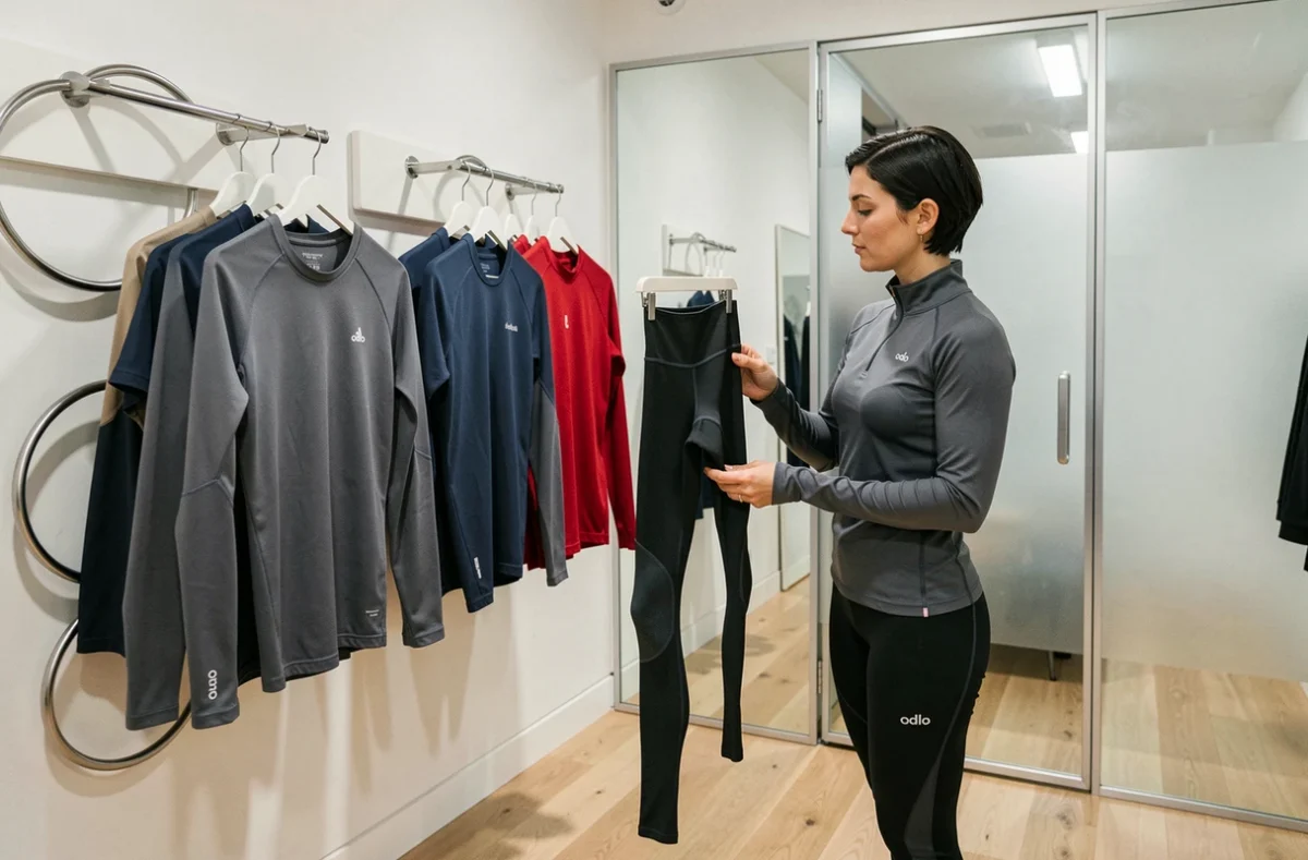 Boutique Odlo à Grenoble présentant des vêtements techniques de sport sur des portants modernes