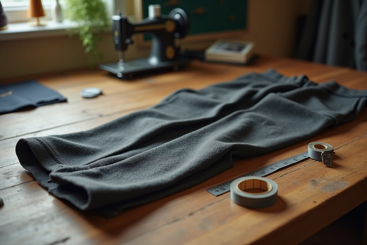 Pantalon en laine sur une table d'atelier avec un mètre ruban et une note de prix manuscrite pour un ourlet de retouche