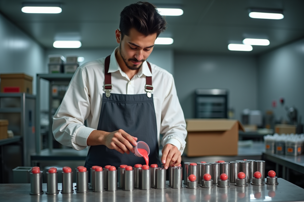 Jeune ouvrier versant rouge à lipstick dans un atelier industriel