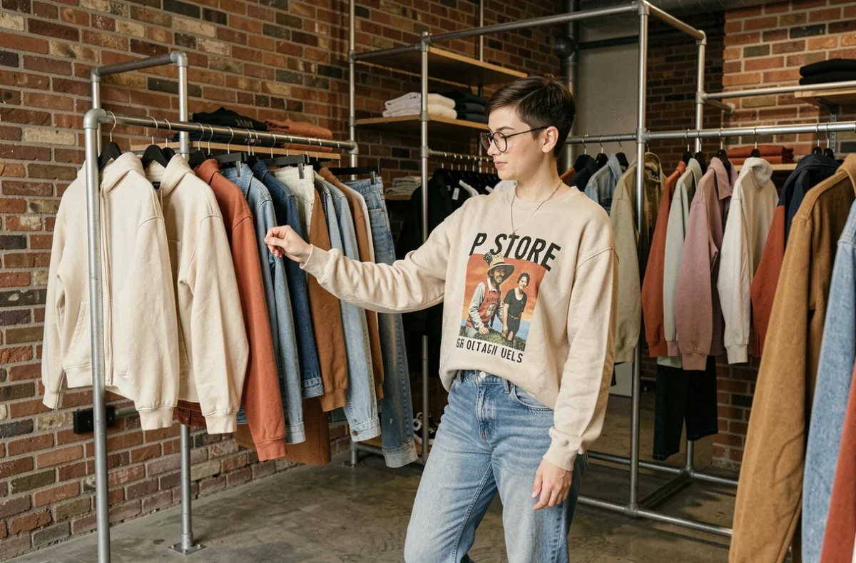 Cliente explorant les collections denim et streetwear féminin dans la boutique P Store à Amiens