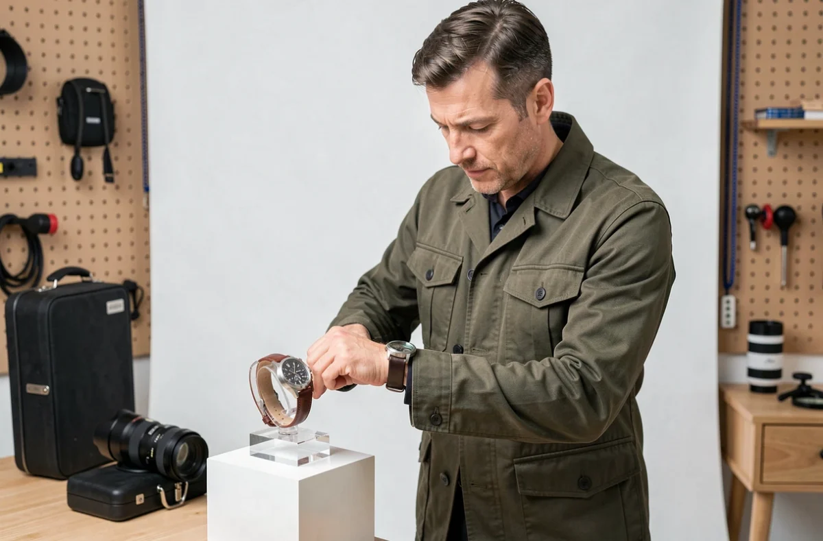 Photographe de Its Luxe Time réglant une montre mécanique de luxe sur un stand en acrylique blanc dans un studio de photographie produit