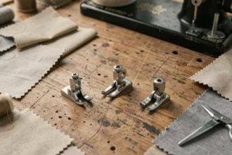 Comparaison de pieds de biche universels et spécifiques posés sur une table de couture en bois avec des tissus et accessoires de couture