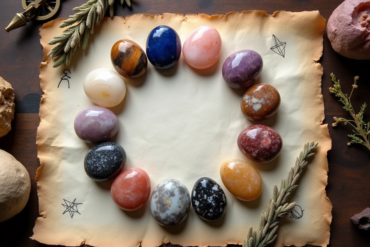 Assortiment de pierres naturelles polies arrangées en cercle sur parchemin avec des notes astrologiques manuscrites