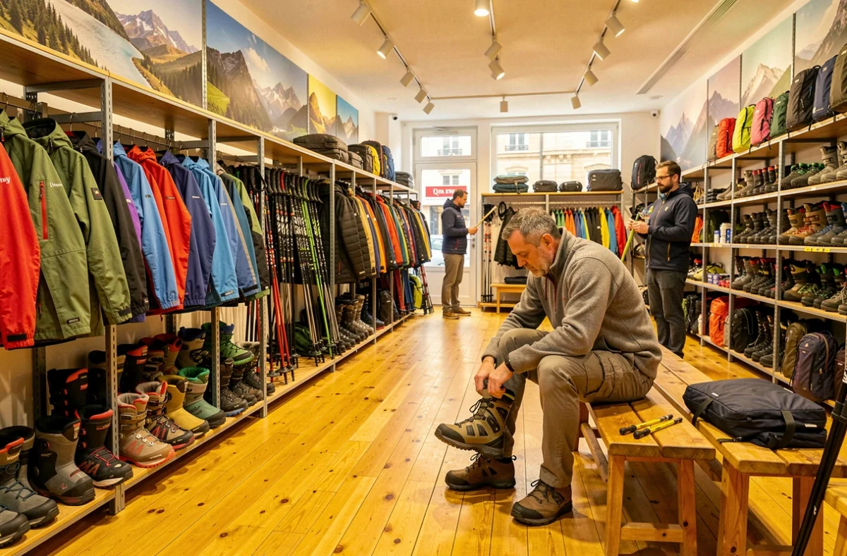 Boutique Plaine et Montagne à Lyon avec rayon ski et randonnée et client essayant des chaussures