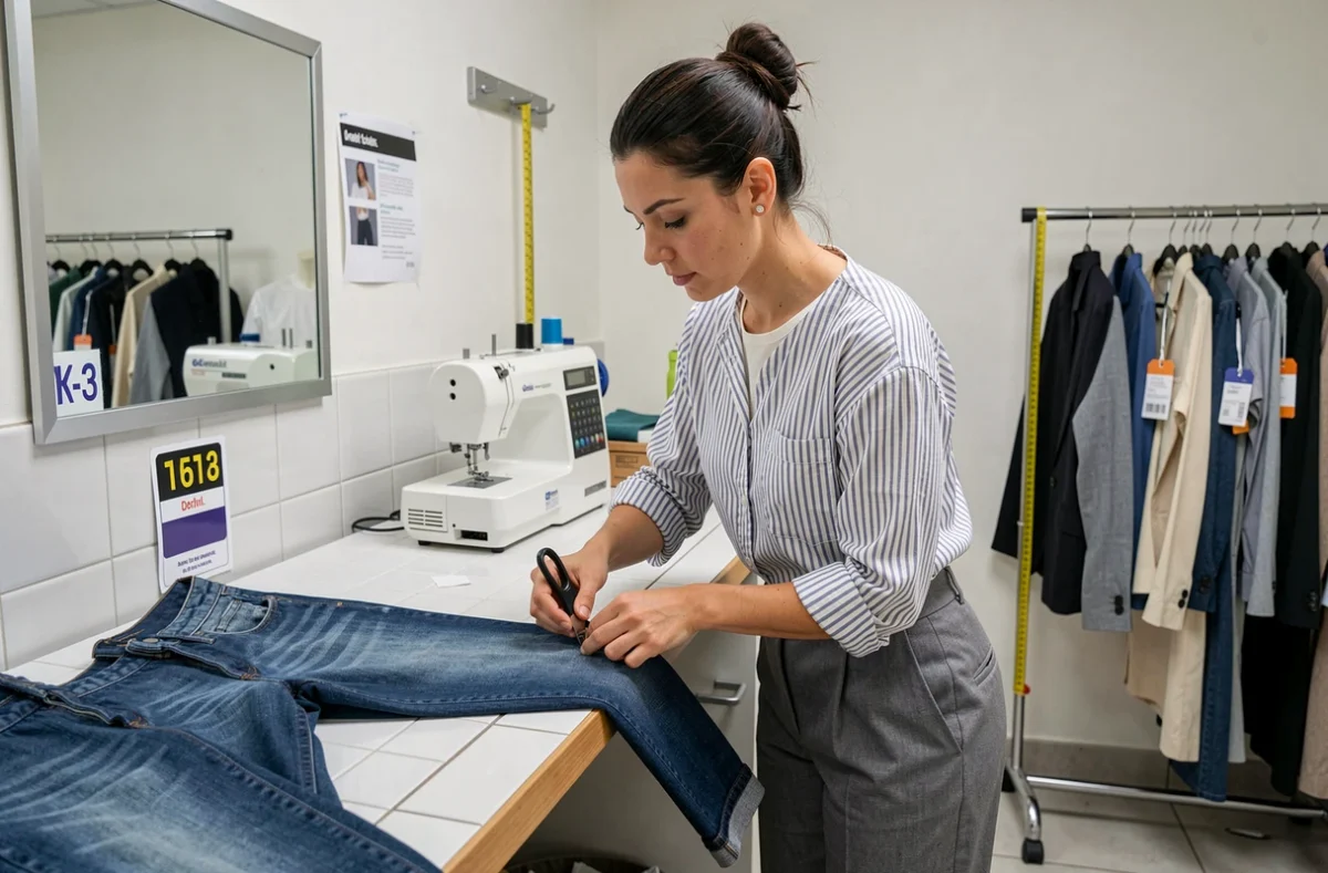Technicienne en retouches de Point Retouche décousant soigneusement l'ourlet d'un jean avec un découd-vite dans un atelier de retouches fonctionnel et organisé