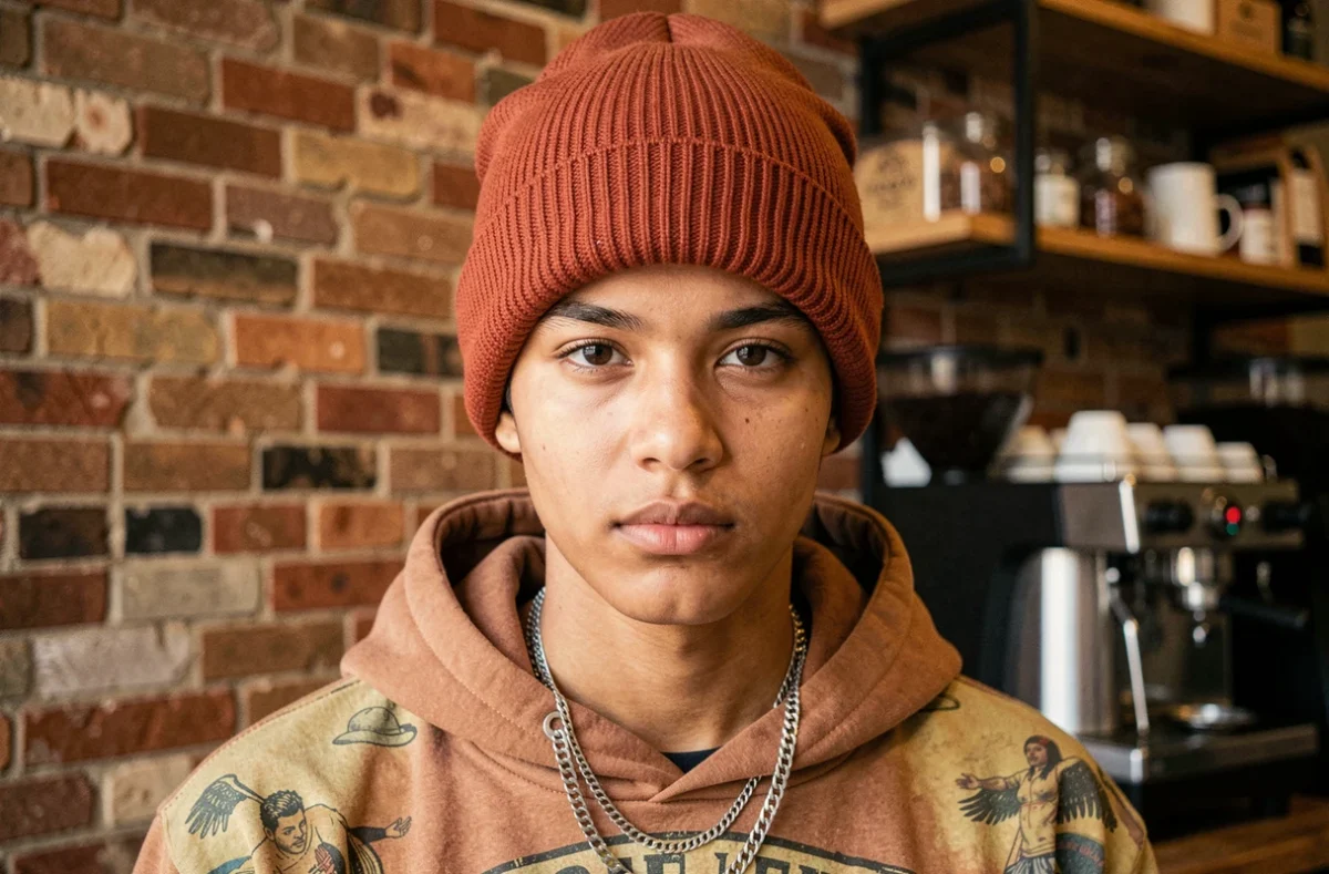 Portrait rapproché d'une personne portant un beanie slouchy en terracotta rust avec un hoodie vintage, ambiance coffee shop industriel, tendance streetwear hiver 2026