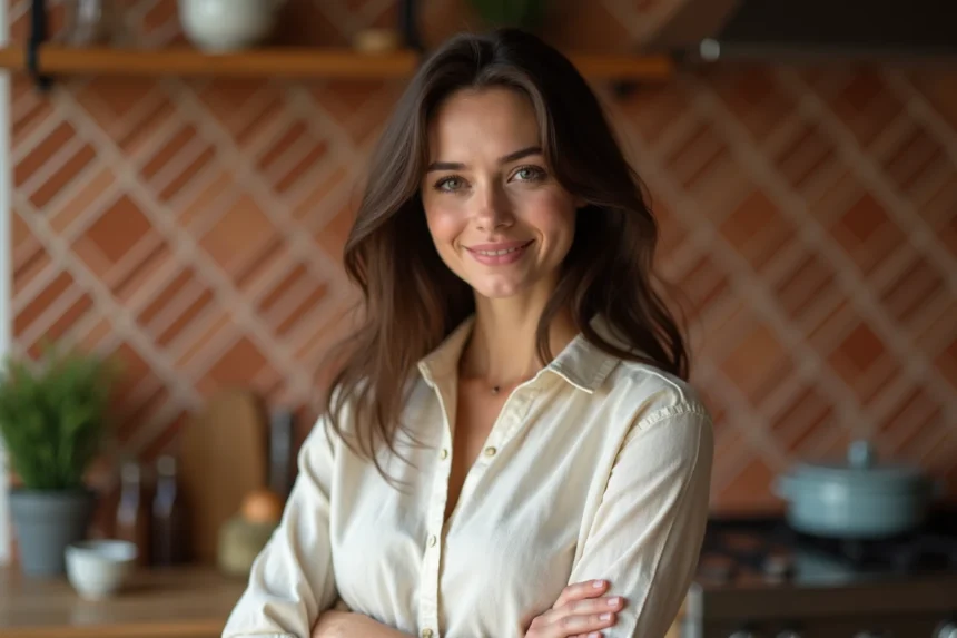 Portrait d'une jeune femme française souriante dans une cuisine parisienne moderne, style éditorial naturel