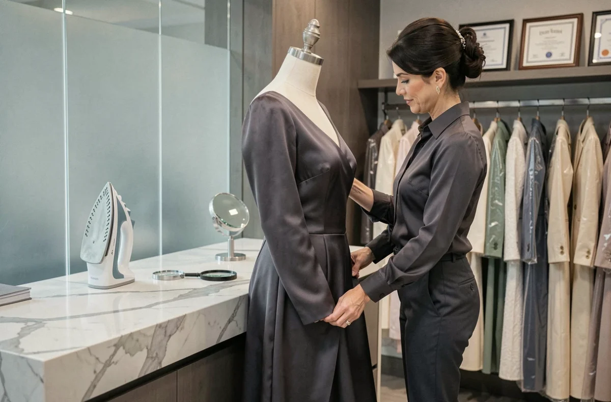 Couturière de Prestige Retouches ajustant l'ourlet d'une robe de soirée en soie sur un mannequin dans une boutique de retouches haut de gamme