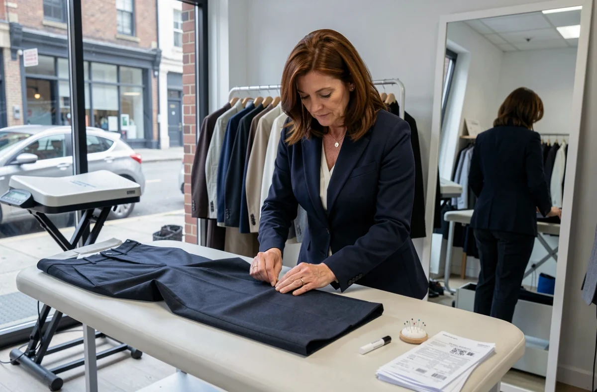Spécialiste en retouches de Retouches Turenne inspectant minutieusement la couture d'un pantalon en laine sur une table de repassage dans une boutique professionnelle