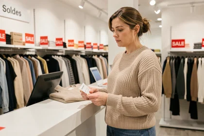 Femme effectuant un retour produit en magasin pendant les soldes d'hiver, tenant un reçu et un vêtement au comptoir de service client