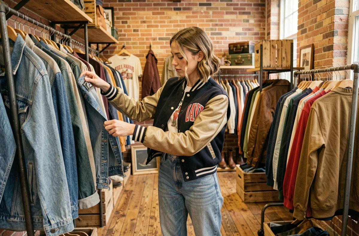 Intérieur de Retro Rags à Tours avec des vêtements vintage américains et des pièces de friperie premium sur des racks industriels en métal
