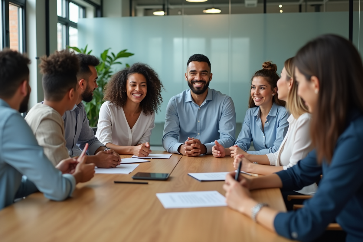 Groupe de collègues en discussion dans une salle de réunion