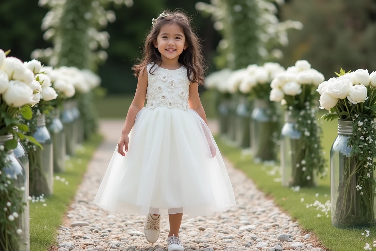 Fillette en robe de cérémonie blanche avec appliqués floraux marchant sur une allée décorée pour un mariage chic et élégant