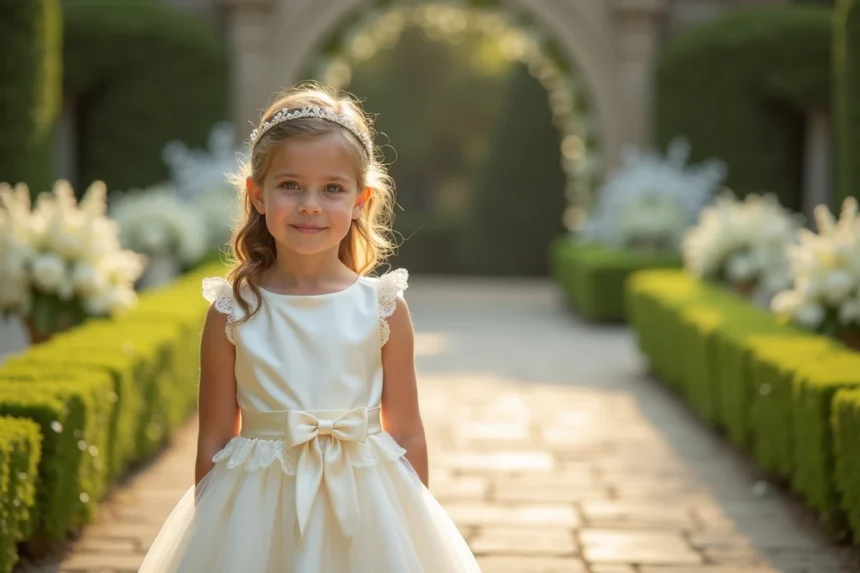 Petite fille en robe de cérémonie ivoire en satin avec dentelle pour mariage chic dans un jardin fleuri