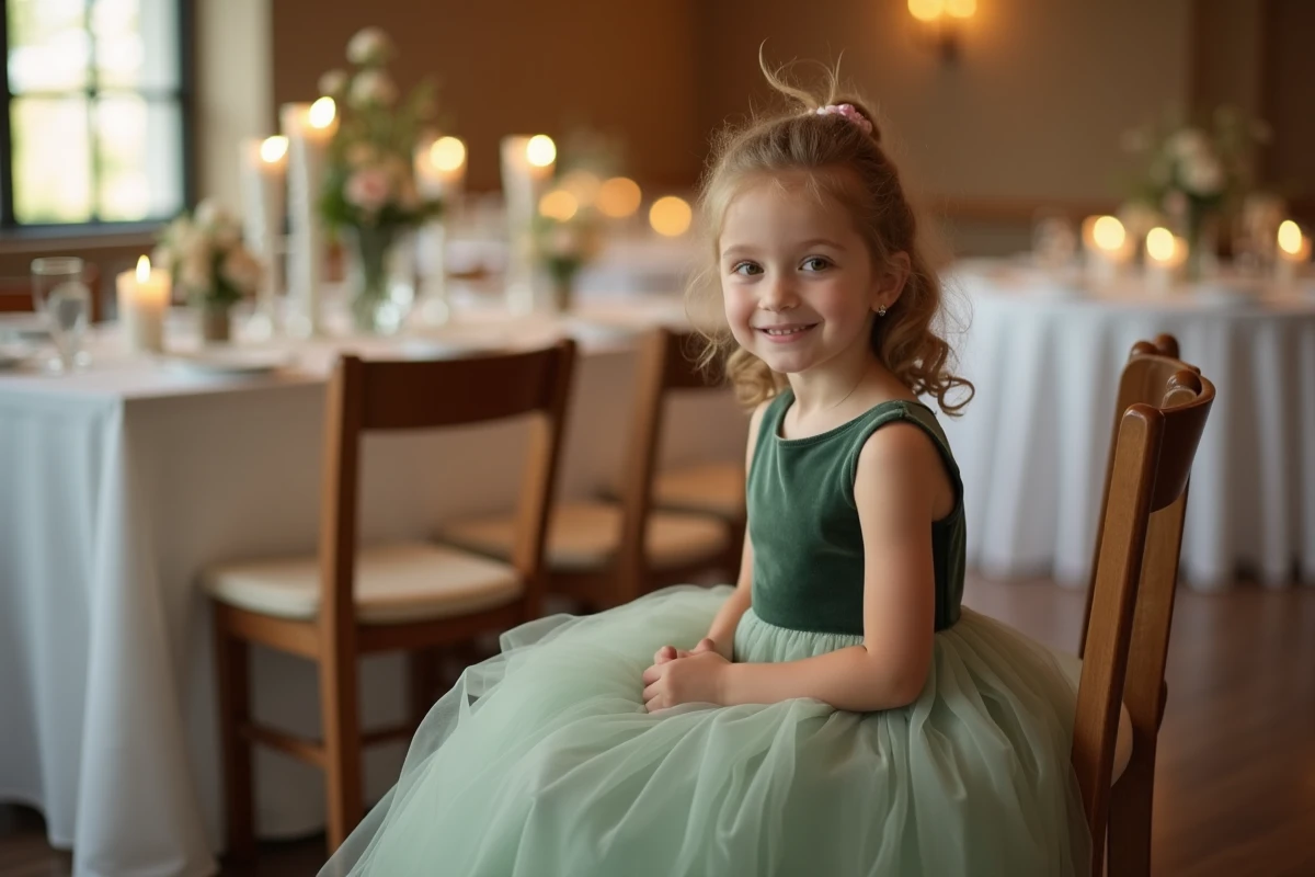 Petite fille en robe de cérémonie vert sauge en velours et mousseline assise à une table de réception de mariage décorée