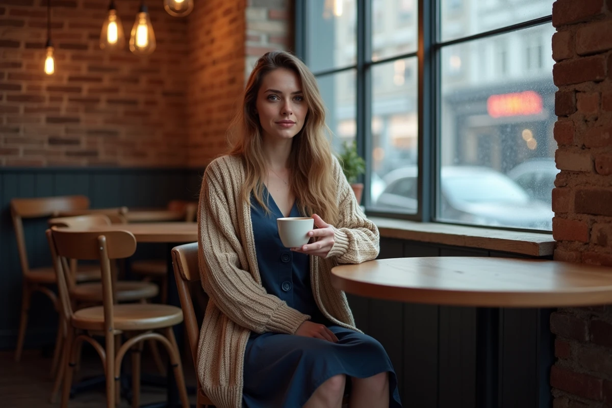 Femme en robe en coton bleue marine avec un grand cardigan en maille dans un café en hiver