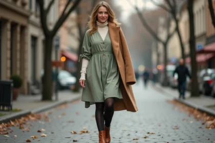 Femme portant une robe en coton verte superposée sur un pull col roulé avec des bottes en cuir en automne
